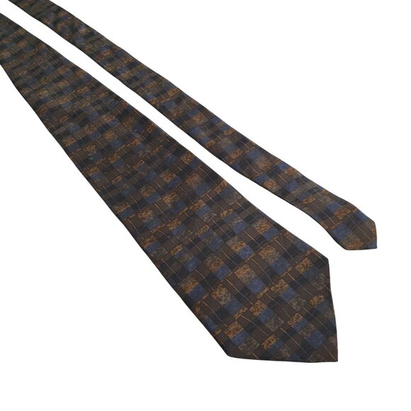Geoffrey Beene Vintage Designer Men Blue Brown Checkered Silk Tie Gift Dad - Picture 1 of 5